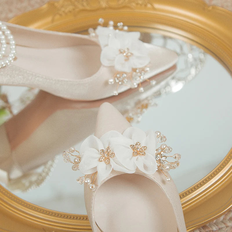 Elegant Flowers High Heels Pumps Pearl Ankle Strap Wedding Shoes