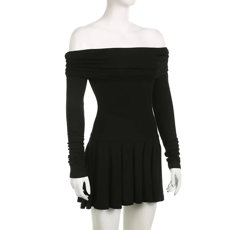 Casual Pleated A-line Dress Solid Black Slash Long Sleeve All-match