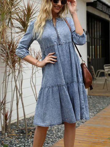 Vintage Dress Solid Casual Blue Dress O-Neck Clothes