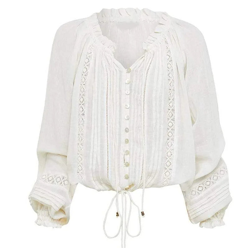 Long Lantern Sleeve V Neck Lace Blouses Shirts