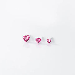 Women Small  Stud Earrings Pink Heart Zircon Girls Ladies