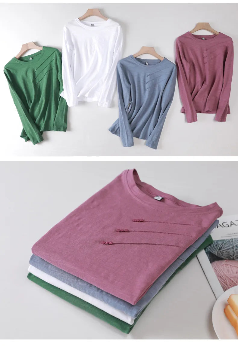 Button Loose Casual Fashion T-shirts Long Sleeve O-Neck