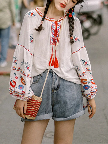 Vintage Chic Tassel Bohemian Floral Embroidery Blouse Shirt
