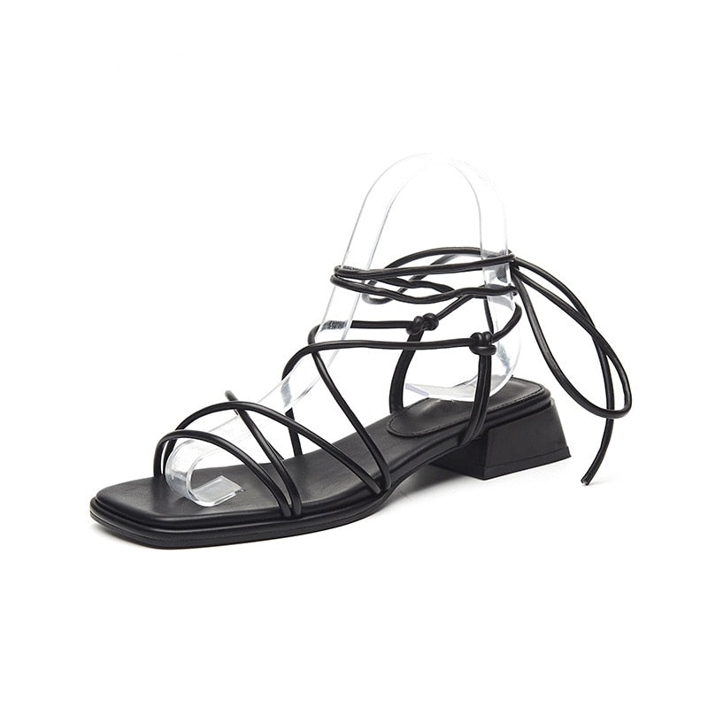 Sandals Narrow Band Vintage Square Toe Flat Cross Strap Sandals