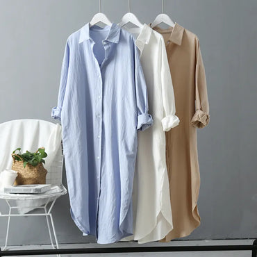 Casual  Clothing Vintage Linen Cotton Mid-Length Shirt Dress