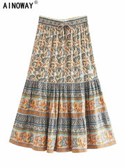 Vintage Chic Floral Peacock Printed High Waist Bohemian Skirts