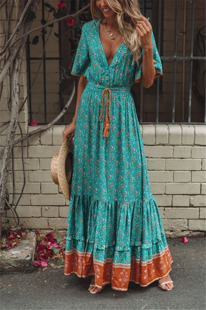 Fashion Floral Print Deep V-neck Tassel Beach Bohemian Maxi Dress