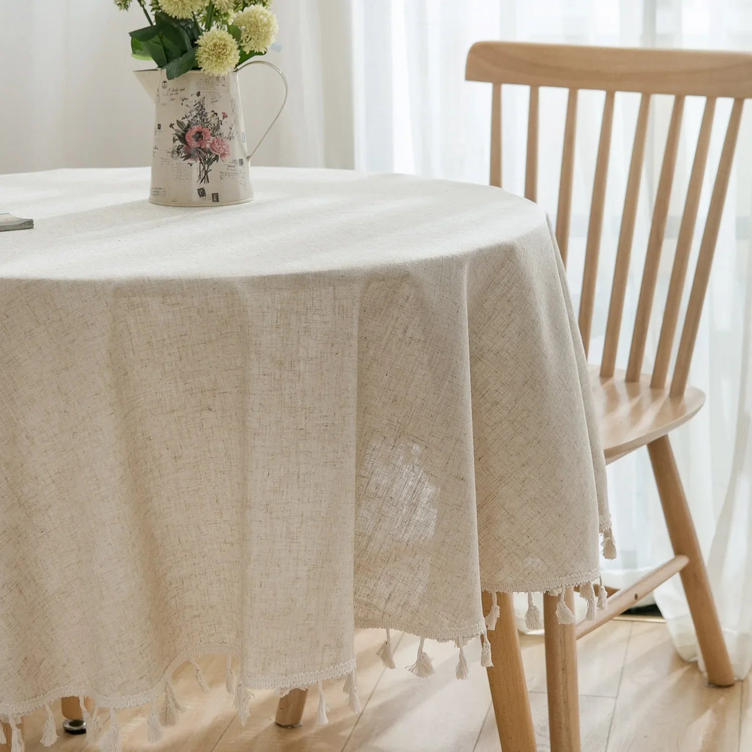 Round Table Household Table Cover Linen Cotton Plain Tablecloth with Tassels