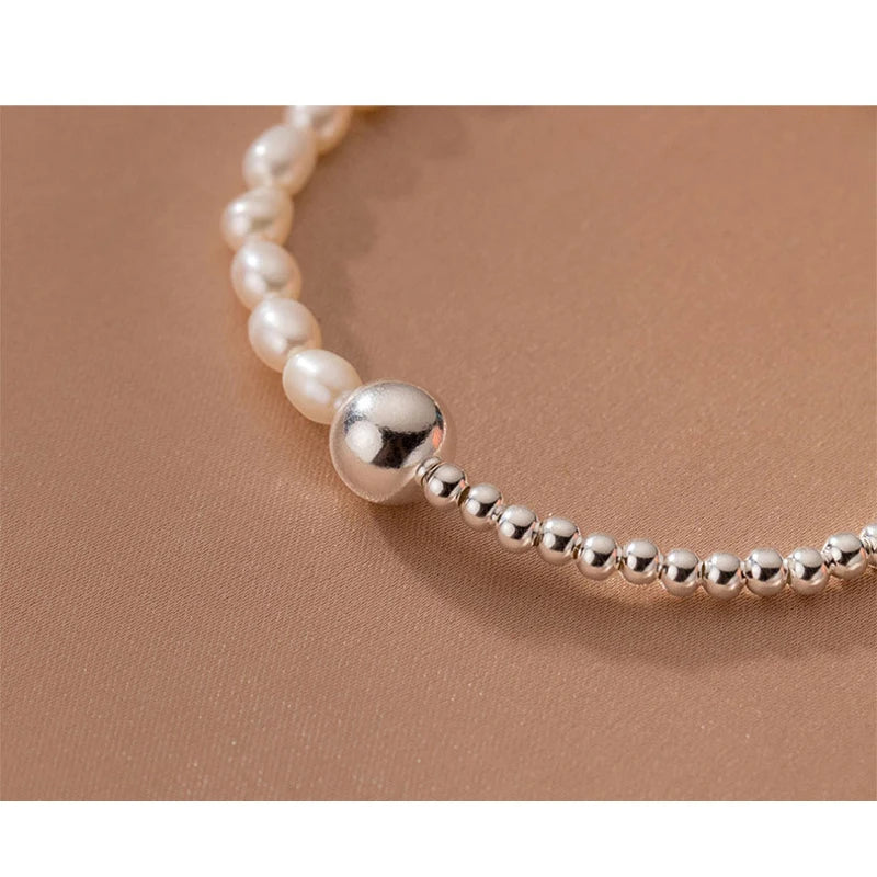 Simple Bracelets For Women Silver Bead Irregular Pearls Chain