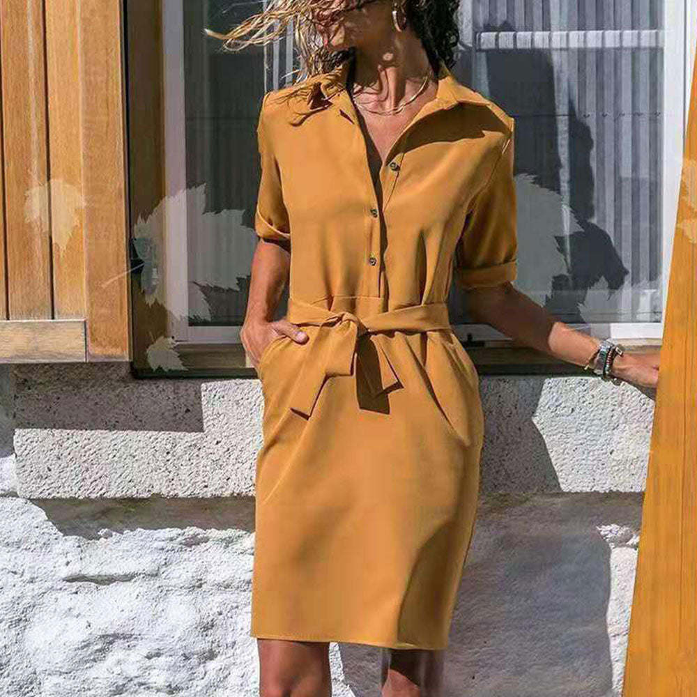 Shirt Dress Women Turn-down Collar Sashes Knee-length Dress Casual