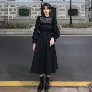 Gothic Lace Dress Casual Elegant Party Midi Ruffle Long Sleeve Dress