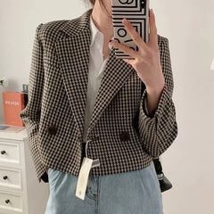 Vintage Plaid Crop Blazer Top Chic Elegant Office Suit Jacket