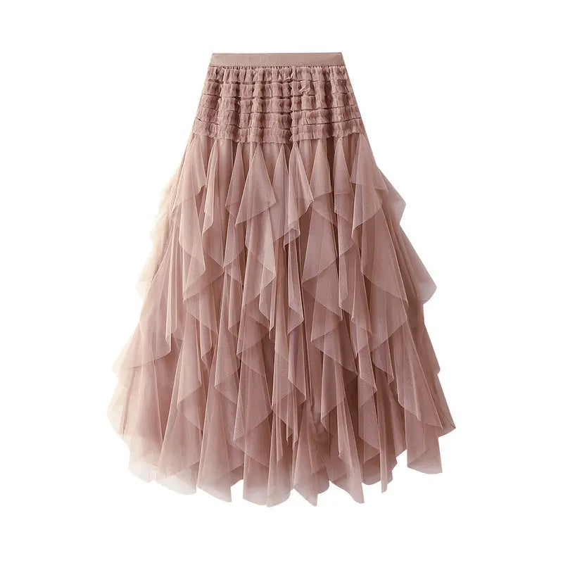 Ankle Length Tulle Tiered Irregular Hem Pleated Long Maxi Skirt