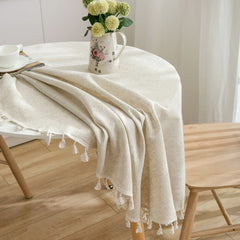 Round Table Household Table Cover Linen Cotton Plain Tablecloth with Tassels