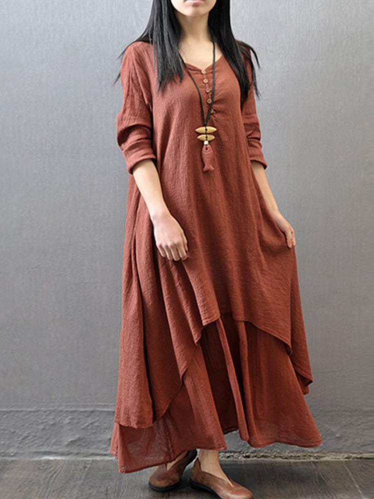 Fashion Dress  Loose Long Sleeve  Elegant  O-Neck Casual Pocket