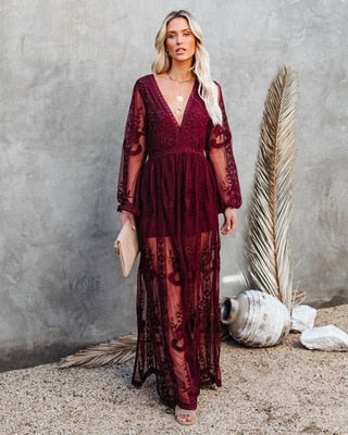 Vintage V-neck Long Sleeve Ruffles Bohemian Beach Maxi Dress