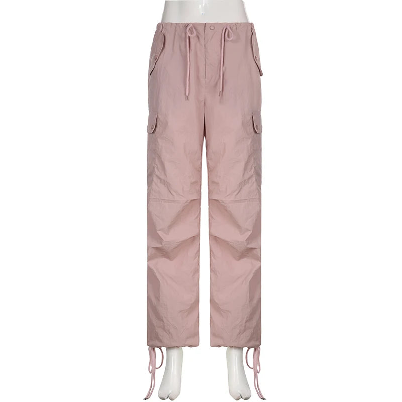 Y2K Shirring Cute Cargo Pants Pockets Baggy Sweatpants