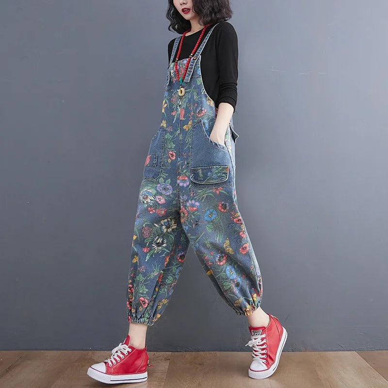 Fashion Streetwear Print Floral Denim Overalls