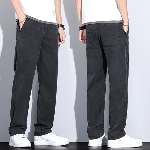 Fabric Jeans Men Elastic Waist Loose Straight Thin Denim Trousers