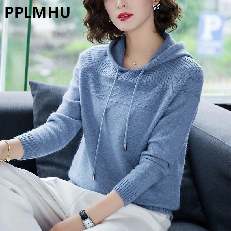 Slim Knitted Hooded Sweaters For Women Classic Pullover Oversized