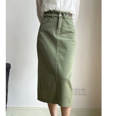 A-Line Cotton Denim Long High Waist Vintage Skirt