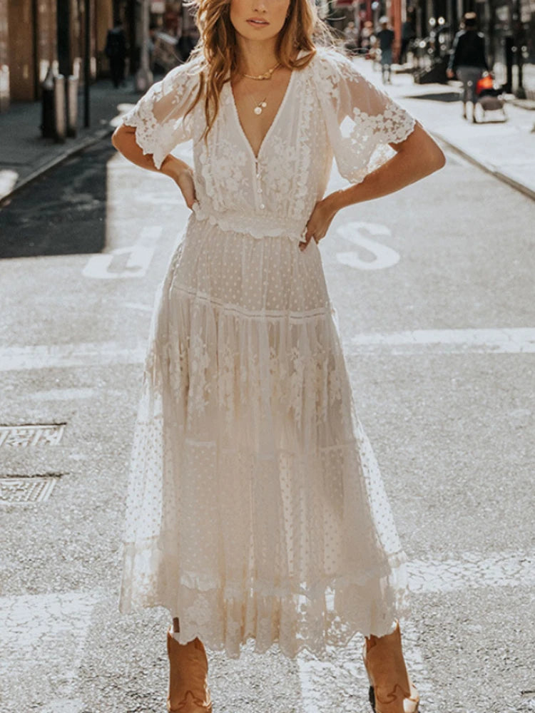 Vintage Chic White Lace Short Sleeve Beach Bohemian Maxi Dress