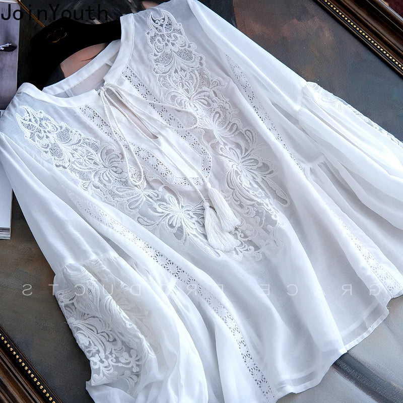 Blouses Clothing Embroidery Lantern Sleeve Shirts Loose Lace White Tops