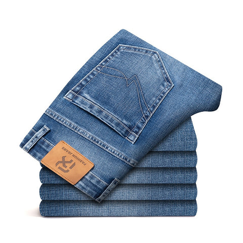 Men's Retro Blue Regular Fit Jeans Pocket Design Denim Stretch Straight-leg
