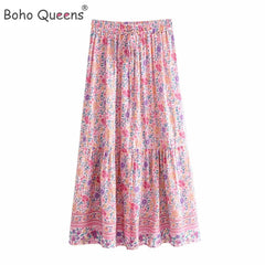 Fashion Beach Bohemian Pink Floral Print Skirt High Elastic Waist