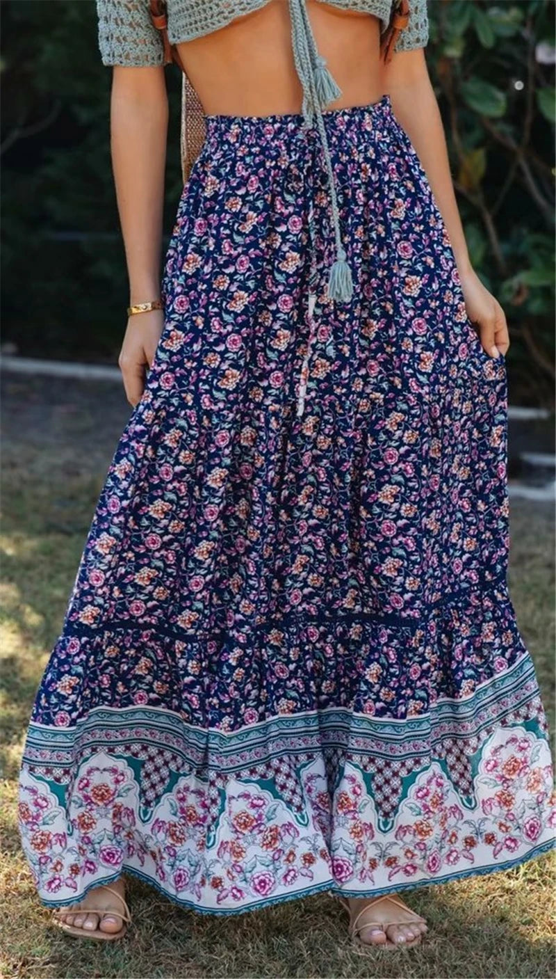 Fashion Hippie Floral Print Beach Bohemian Pleated Skirt A-Line Maxi Skirt