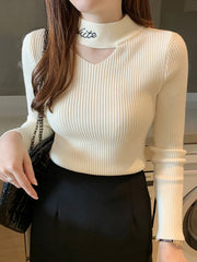 Hollow Out Mock Neck Women Pullover Knitted Sweaters