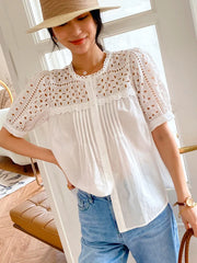 Chic Blouse Shirt French Style Embroidery Hollow Out Sheer
