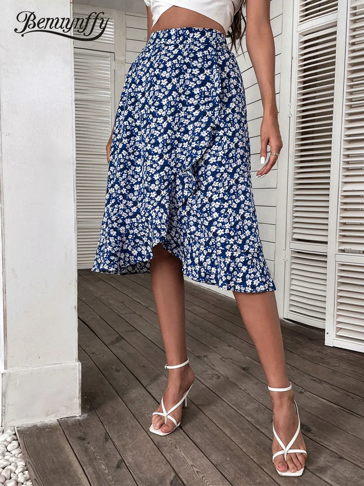 Floral Print Ruffle Trim Midi Skirts A-line High Elastic