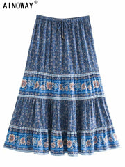 Vintage Chic Floral Printed High Elastic Waist Beach Bohemian Skirt