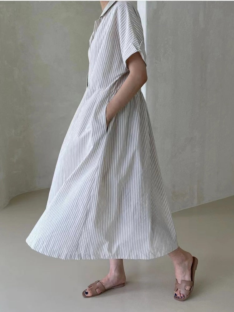 Dresses for Women Striped Turn-down Collar Long Streetwear Vintage