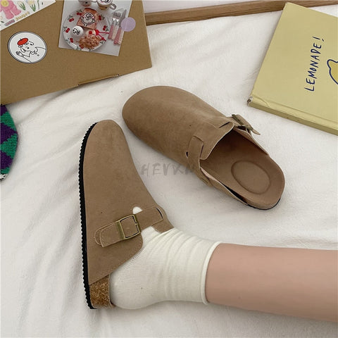 Slippers Cow Suede Leather Clogs Sandals For Women Retro Fashion