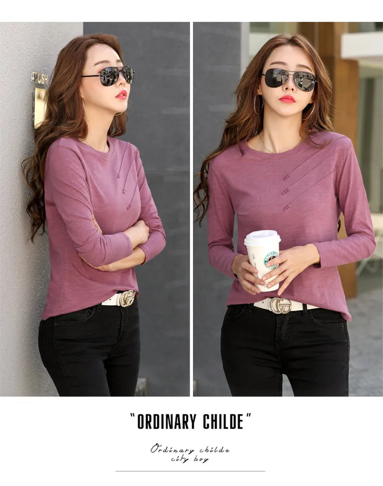 Button Loose Casual Fashion T-shirts Long Sleeve O-Neck