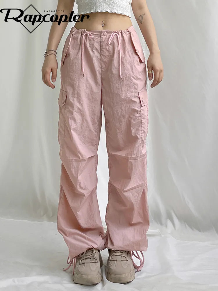 Y2K Shirring Cute Cargo Pants Pockets Baggy Sweatpants