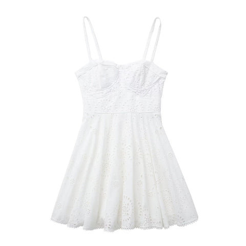Chic Fashion Hollow Out Embroidery  Mini Dress Vintage Sleeveless