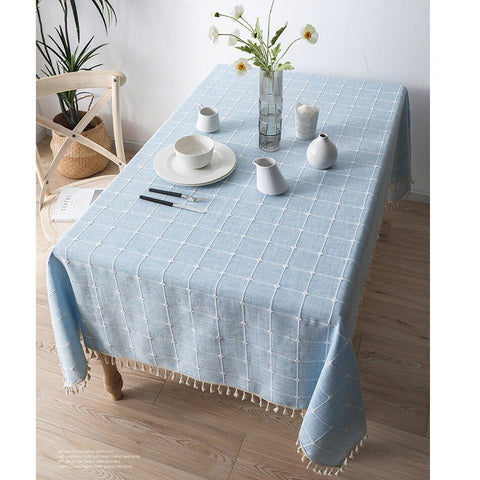 Jacquard Checkered Tablecloth Cotton Linen Tassels Table Cover