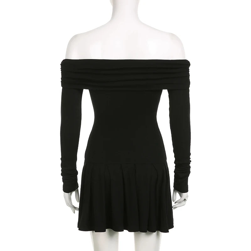 Casual Pleated A-line Dress Solid Black Slash Long Sleeve All-match