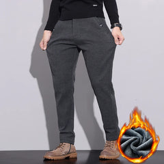 Casual Pants Thickened Warm Slim Straight Elastic Waist Black Business