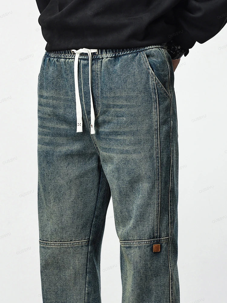 Retro Blue Jeans Men Cotton Straight Pants Elastic Waist Casual Trousers