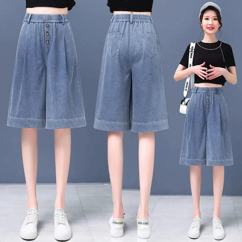 Large-Size Jeans High-Waisted Casual Denim Wide Leg Pants