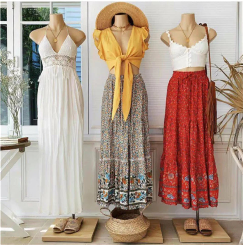 Floral Print Beach Bohemian High Elastic Waist Rayon Boho Maxi Skirts