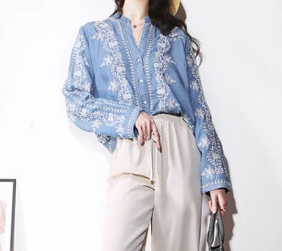 Vintage Floral Embroidery Shirts Blouses Casual