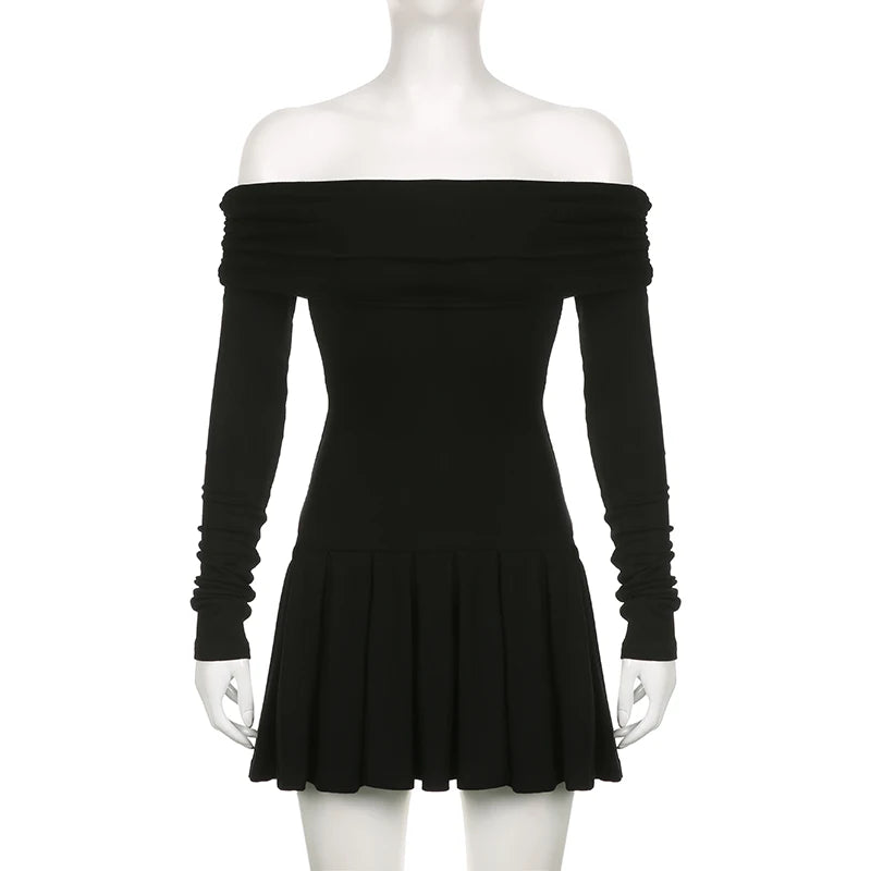 Casual Pleated A-line Dress Solid Black Slash Long Sleeve All-match