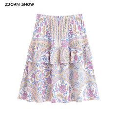 Contrast Color Flower Print Knee length Skirt Ruffle A-line