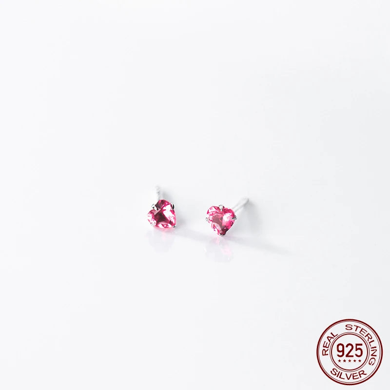 Women Small  Stud Earrings Pink Heart Zircon Girls Ladies