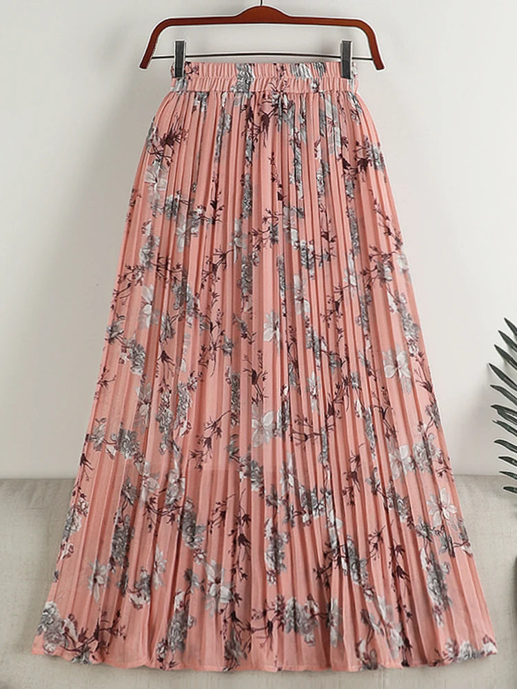 Chiffon Pleated Skirt Vintage Floral Print Boho